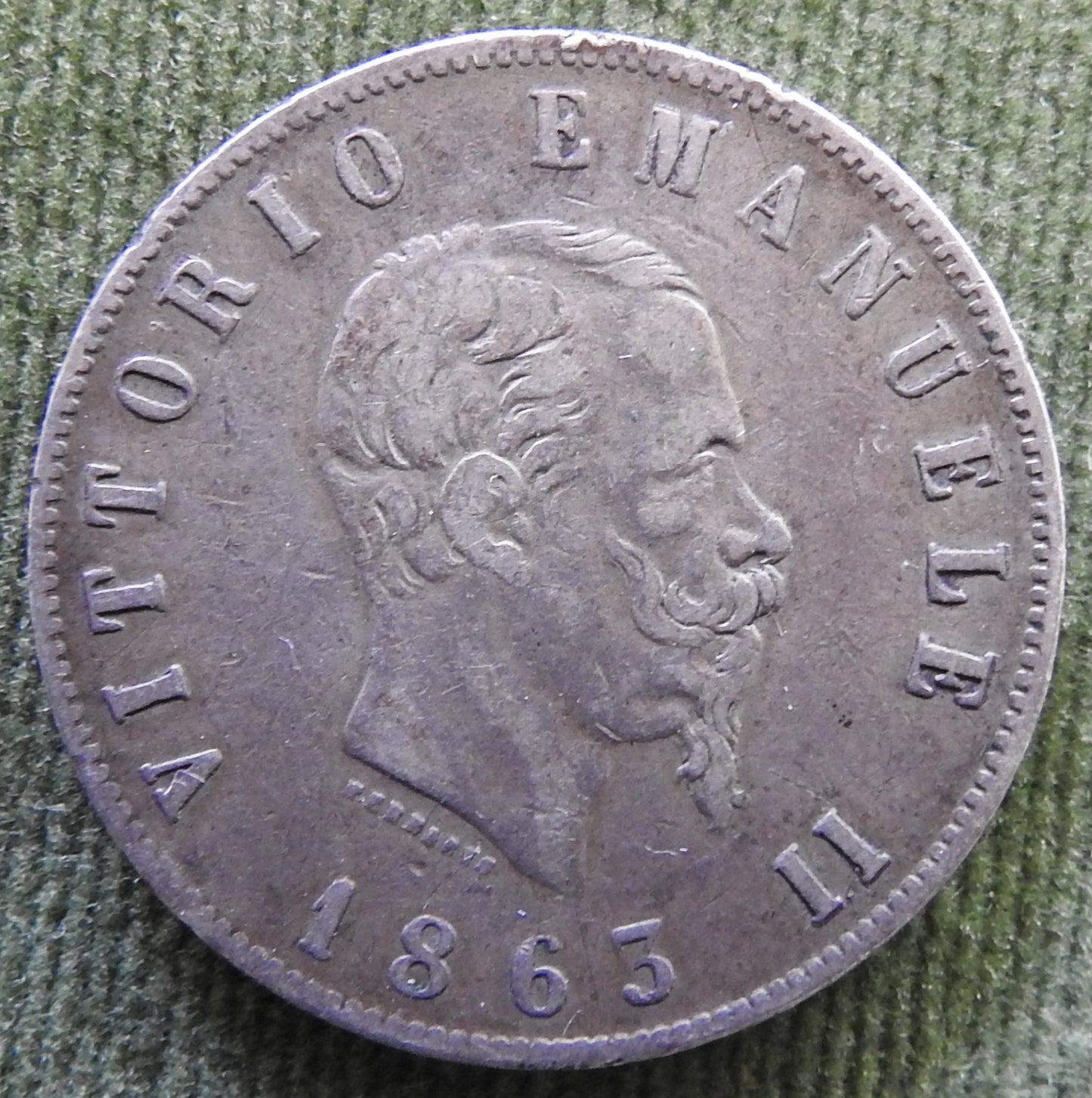 Italy 1863 2 Lira Vittorio Emanuel Silver Coin - Grades as Fine
