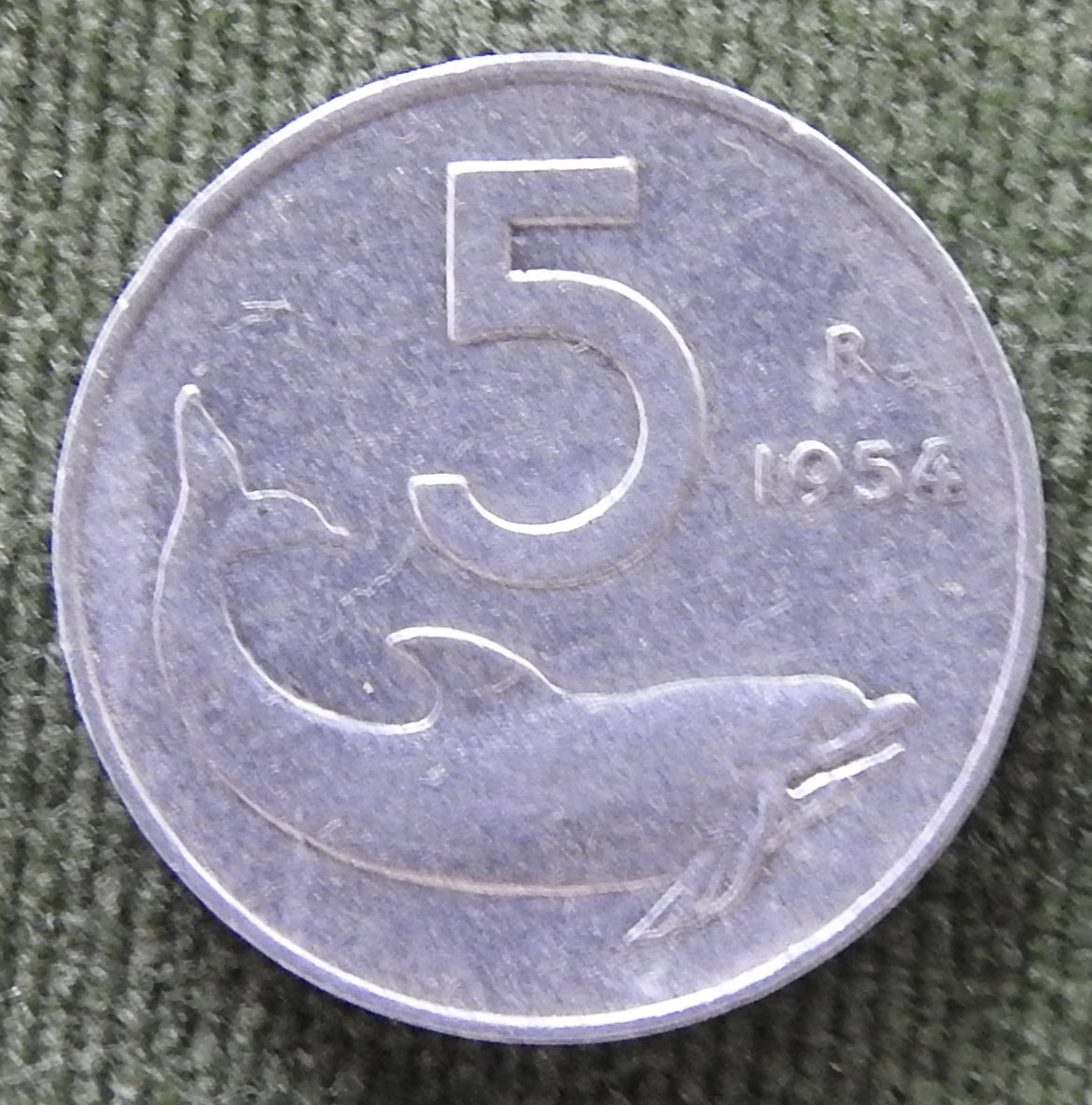 Italy 1954 5 Lira Coin Rudder and Dolphin