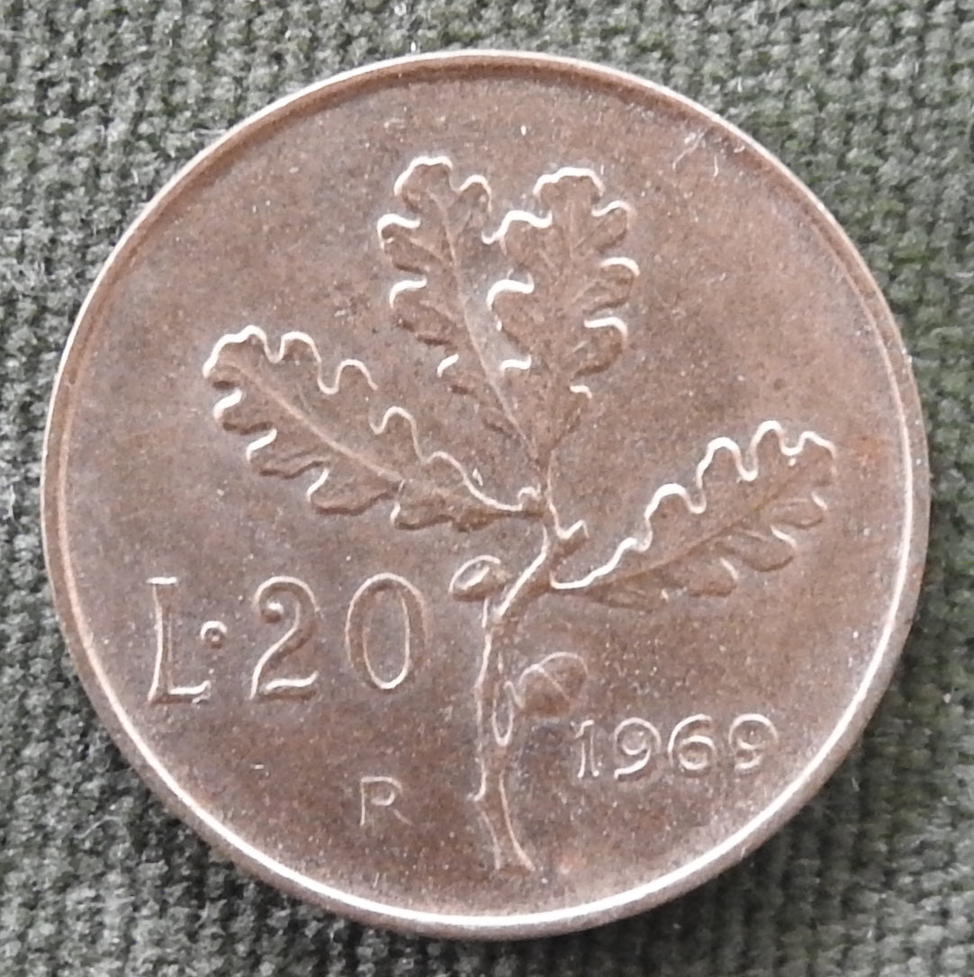 Italy 1969 20 Lire Oak Branch Coin