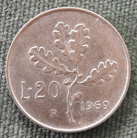 Italy 1969 20 Lire Oak Branch Coin