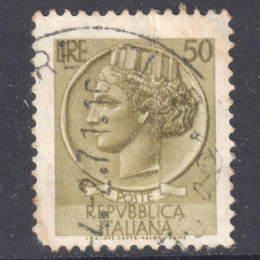 Italy Italia 1959 50 Lire Olive Syracusan Coin Stamp - Perfin:14