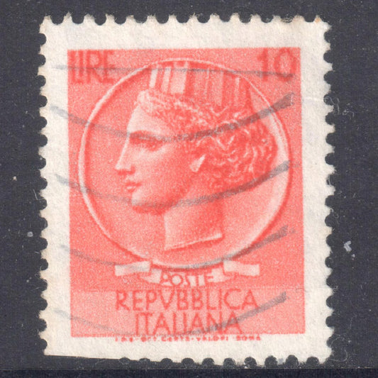 Italy Italia 1953 10 Lire Orange Red Syracusan Coin Stamp - Perfin:14