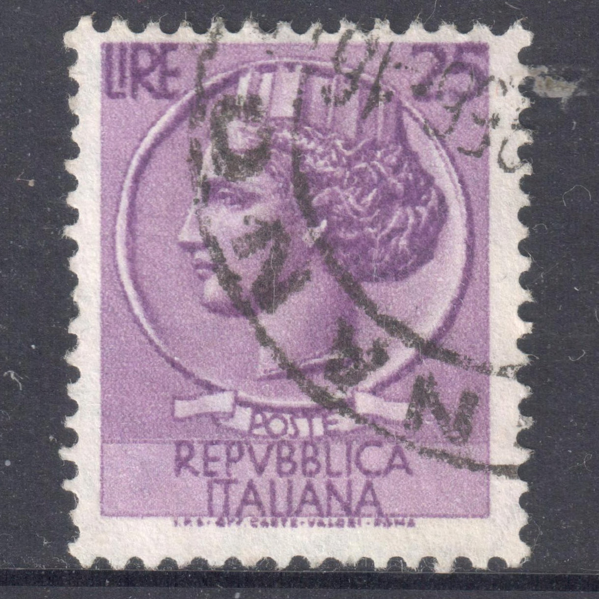 Italy Italia 1953 25 Lire Violet Syracusan Coin Stamp - Perfin:14