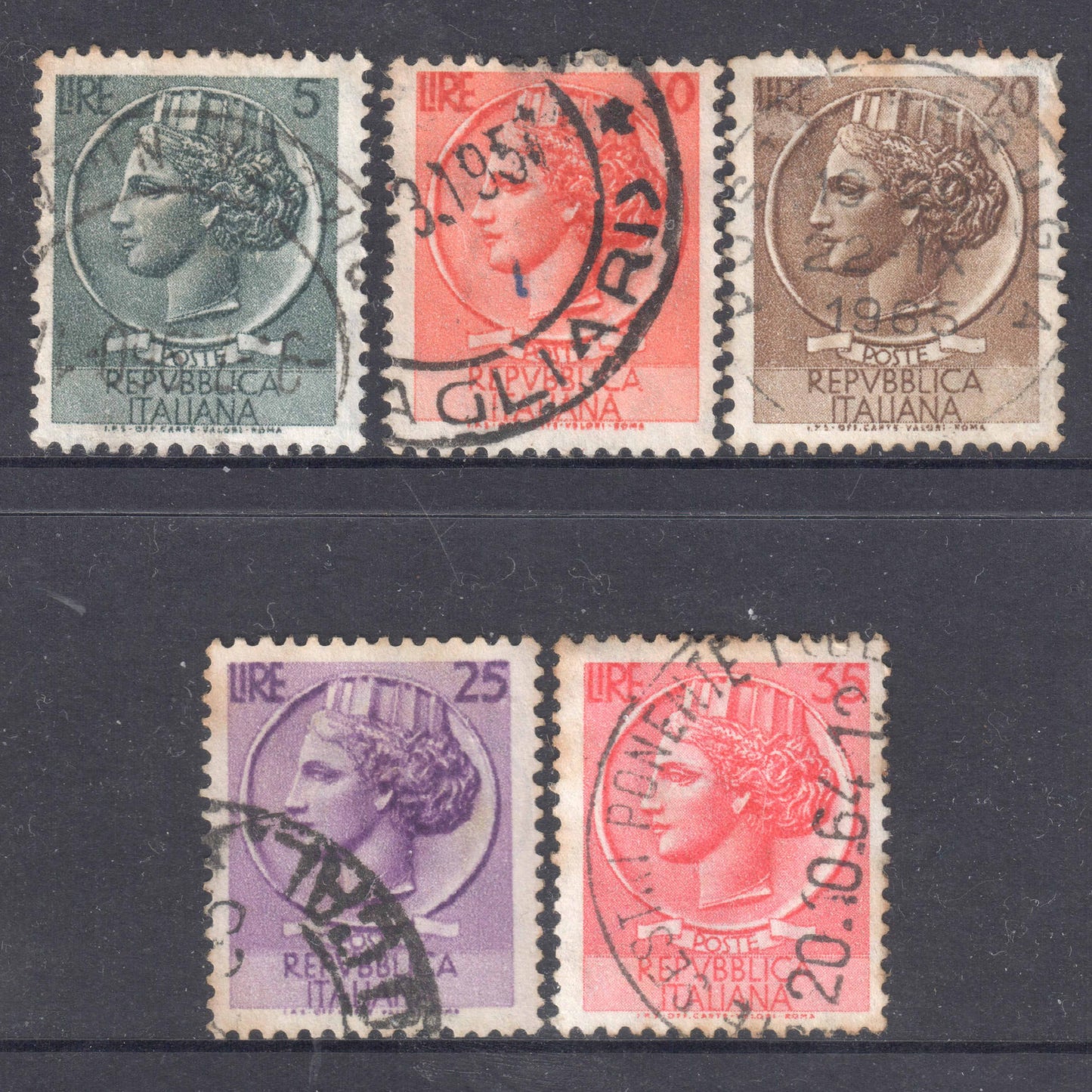 Italy Italia 1953 Syracusan Coin Stamp Group of 5 - Perfin:14