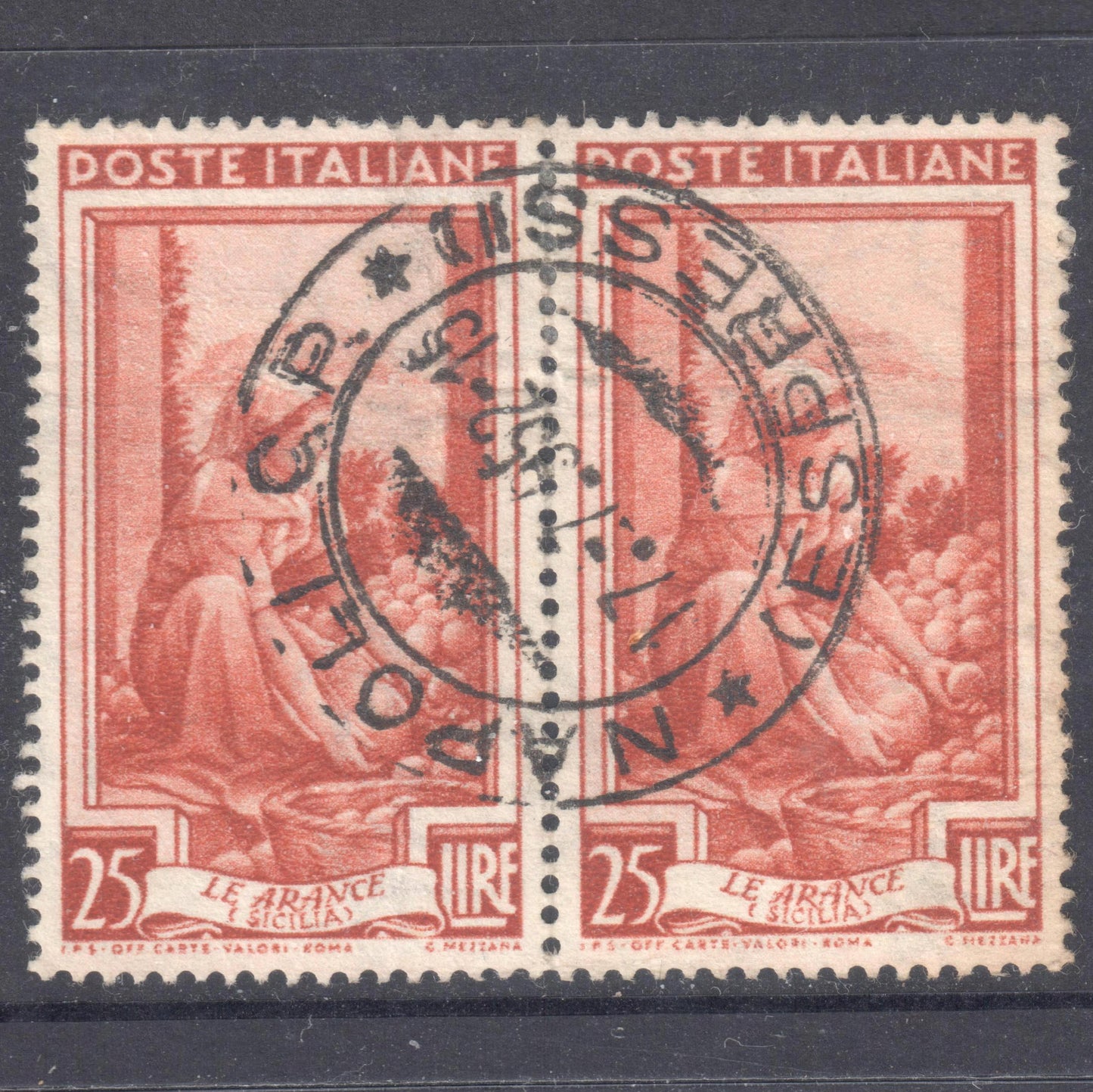 Italy Italia 1950 25 Lire Orange Brown Italy Working Stamp Pair- Perfin:14