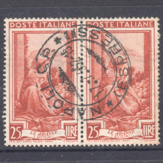 Italy Italia 1950 25 Lire Orange Brown Italy Working Stamp Pair- Perfin:14