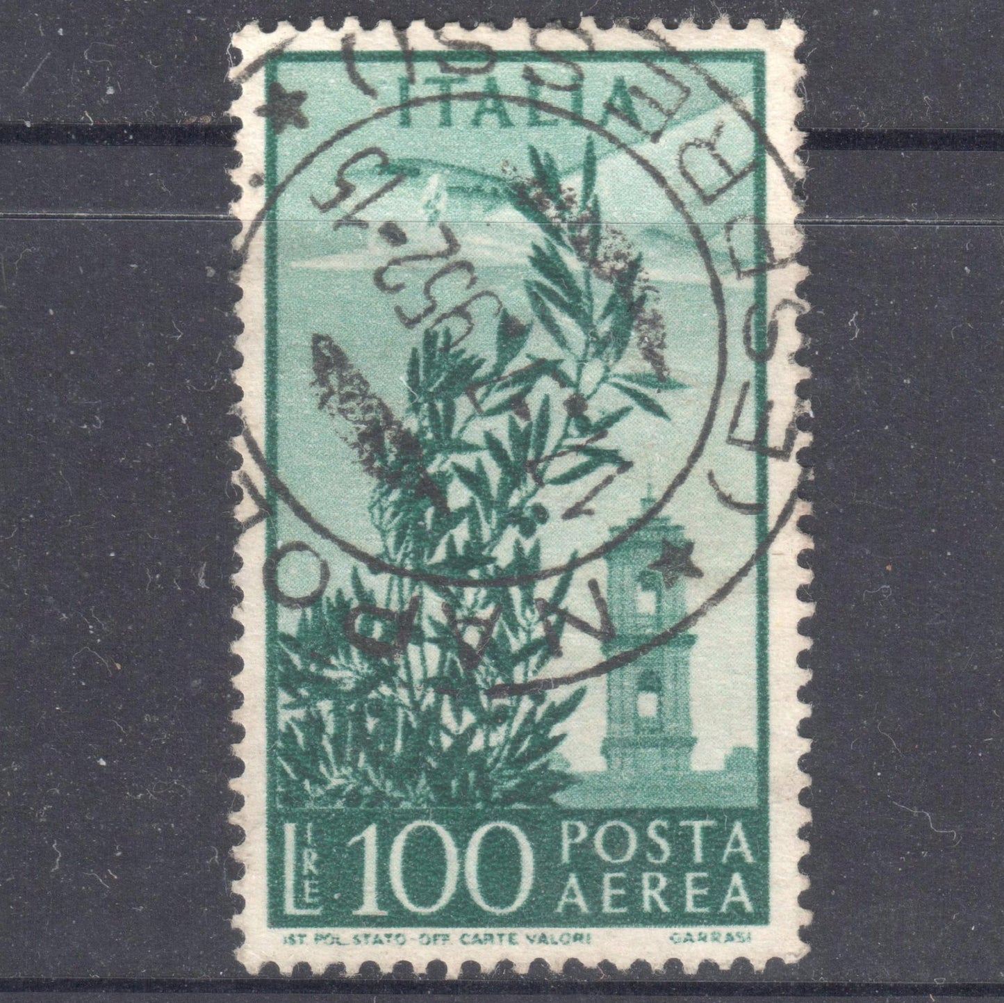 Italy Italia 1948 100 Lire Dark Green Airmail Airplane over Bell Tower Rome Stamp - Perfin:14