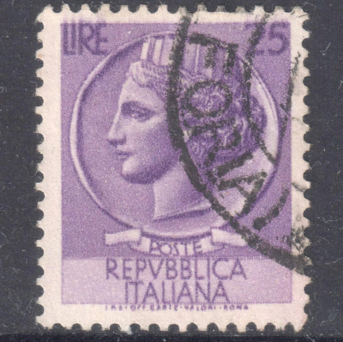 Italy Italia 1953 25 Lire Violet Italia Syracusan Coin Stamp - Perfin:14