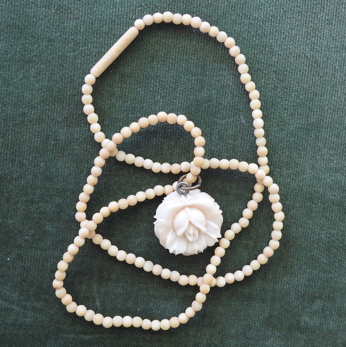 Ivory Carved Floral Pendant With Ivory Bead Necklace
