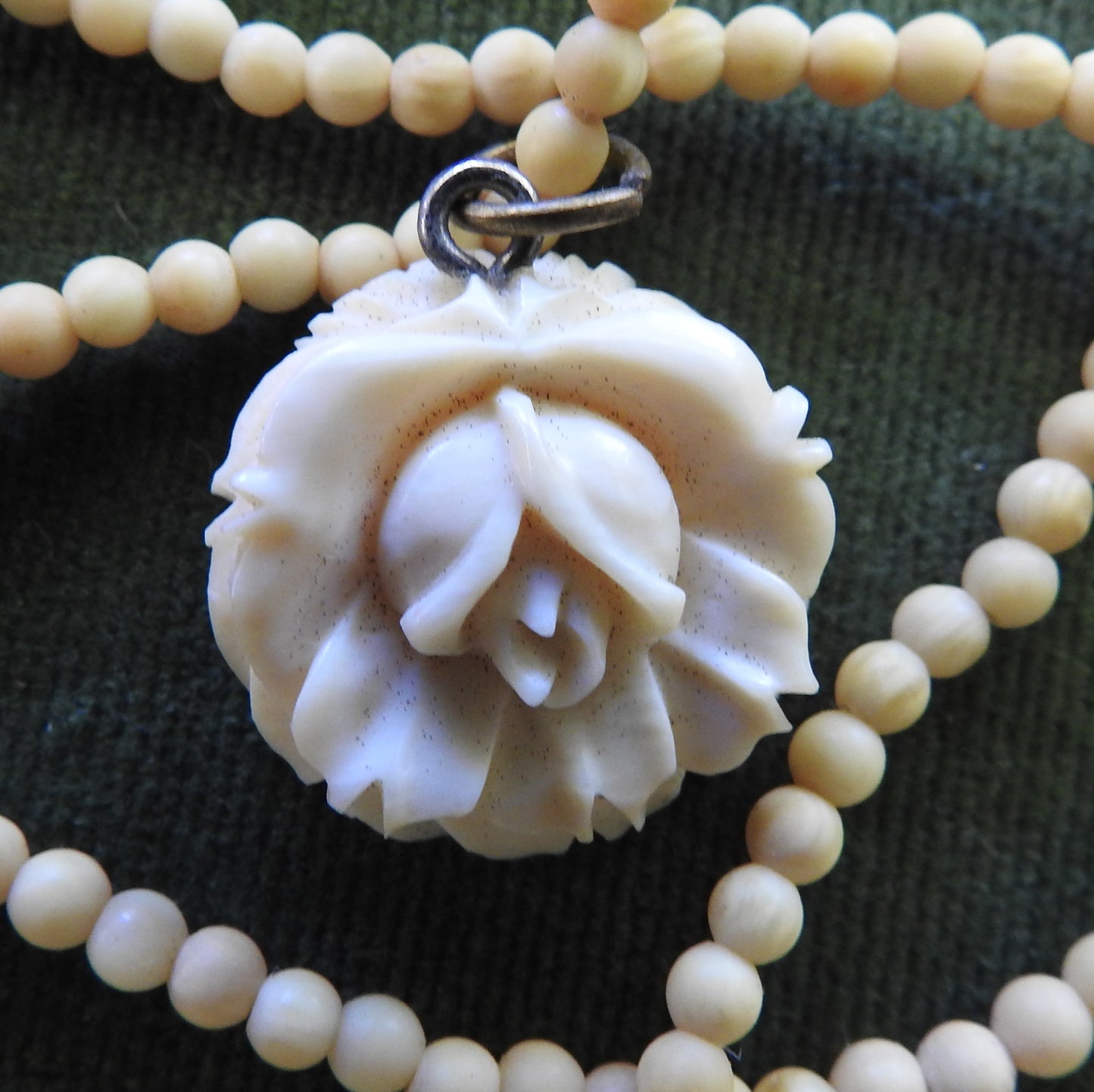 Ivory Carved Floral Pendant With Ivory Bead Necklace