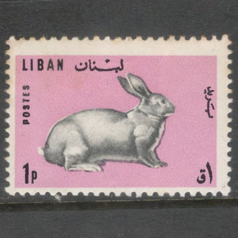Lebanon Liban 1965 1 Piastre Purple Rose / Black Fauna Domestic Animals Oryctolagus Cuniculus Stamp - Perfin: 11.0x11.5