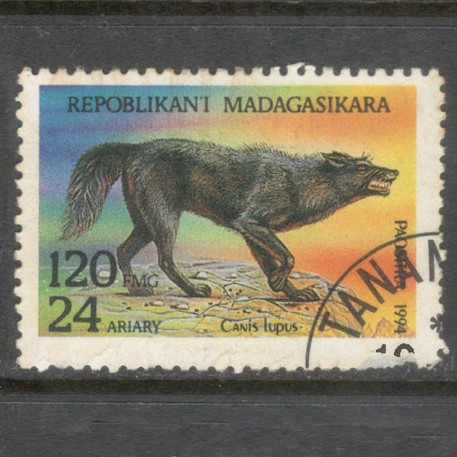 Madagascar 1994 10 Centimes Multicoloured Animals Predators Canis Lupus Stamp - Perfin: 12.0x12.25