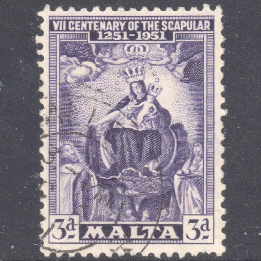 Malta 1951 3 Pence Violet 700th Anniversary of the Scapular - Perfin:12