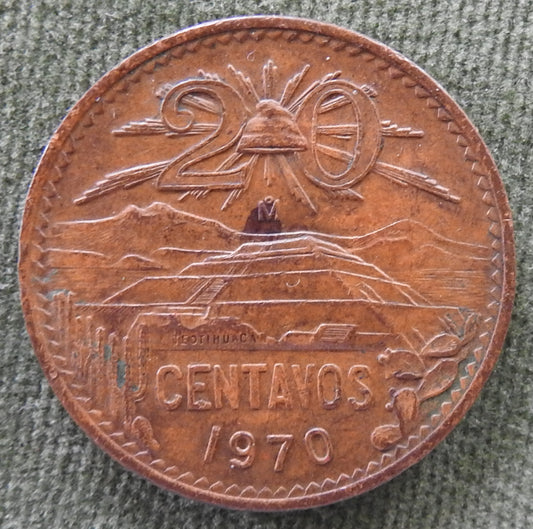 Mexican Mexico 1970 20 Centavos Coin Liberty Cap
