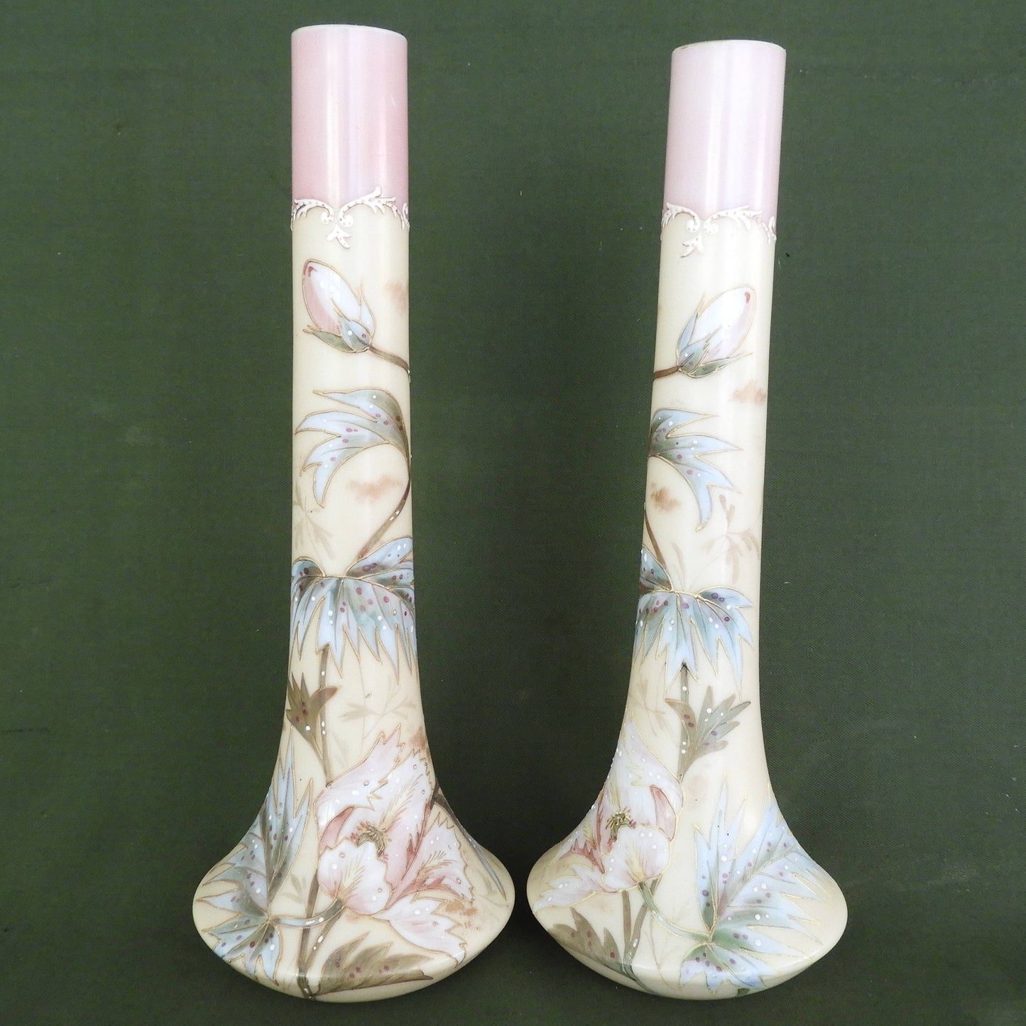 Smith Brothers Mt Washington Hand Enameled Milk Glass Pair of Vases c.1880
