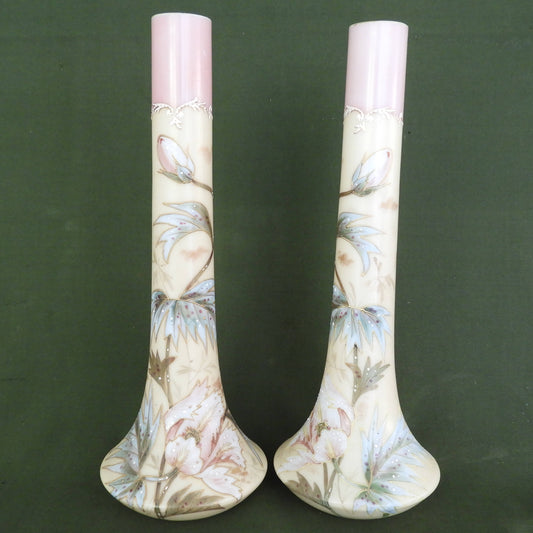 Smith Brothers Mt Washington Hand Enameled Milk Glass Pair of Vases c.1880