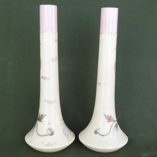 Smith Brothers Mt Washington Hand Enameled Milk Glass Pair of Vases c.1880