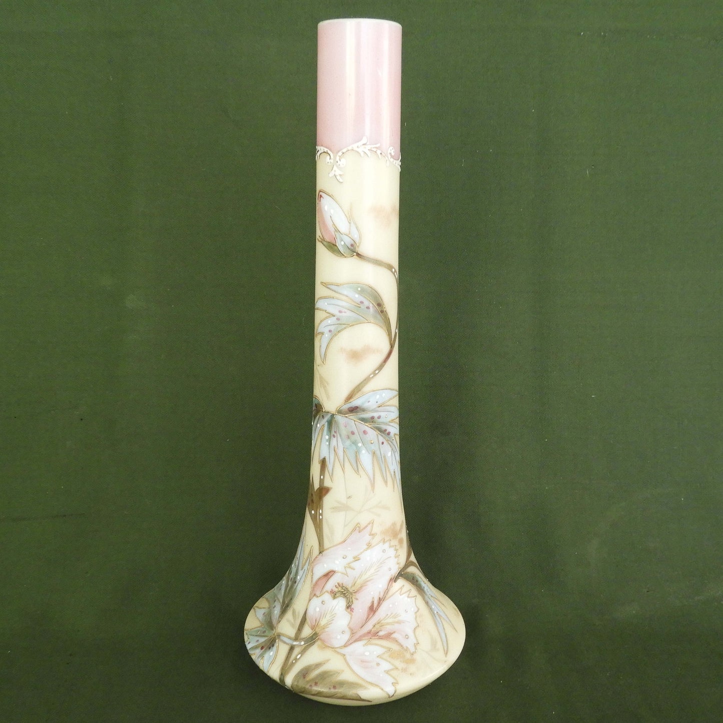 Smith Brothers Mt Washington Hand Enameled Milk Glass Pair of Vases c.1880