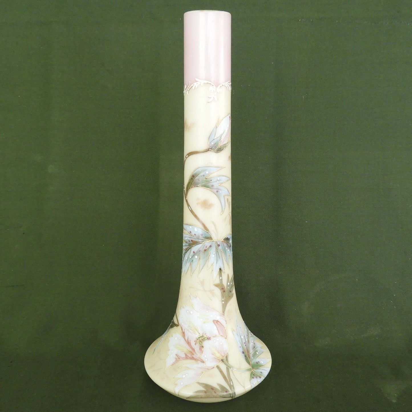 Smith Brothers Mt Washington Hand Enameled Milk Glass Pair of Vases c.1880