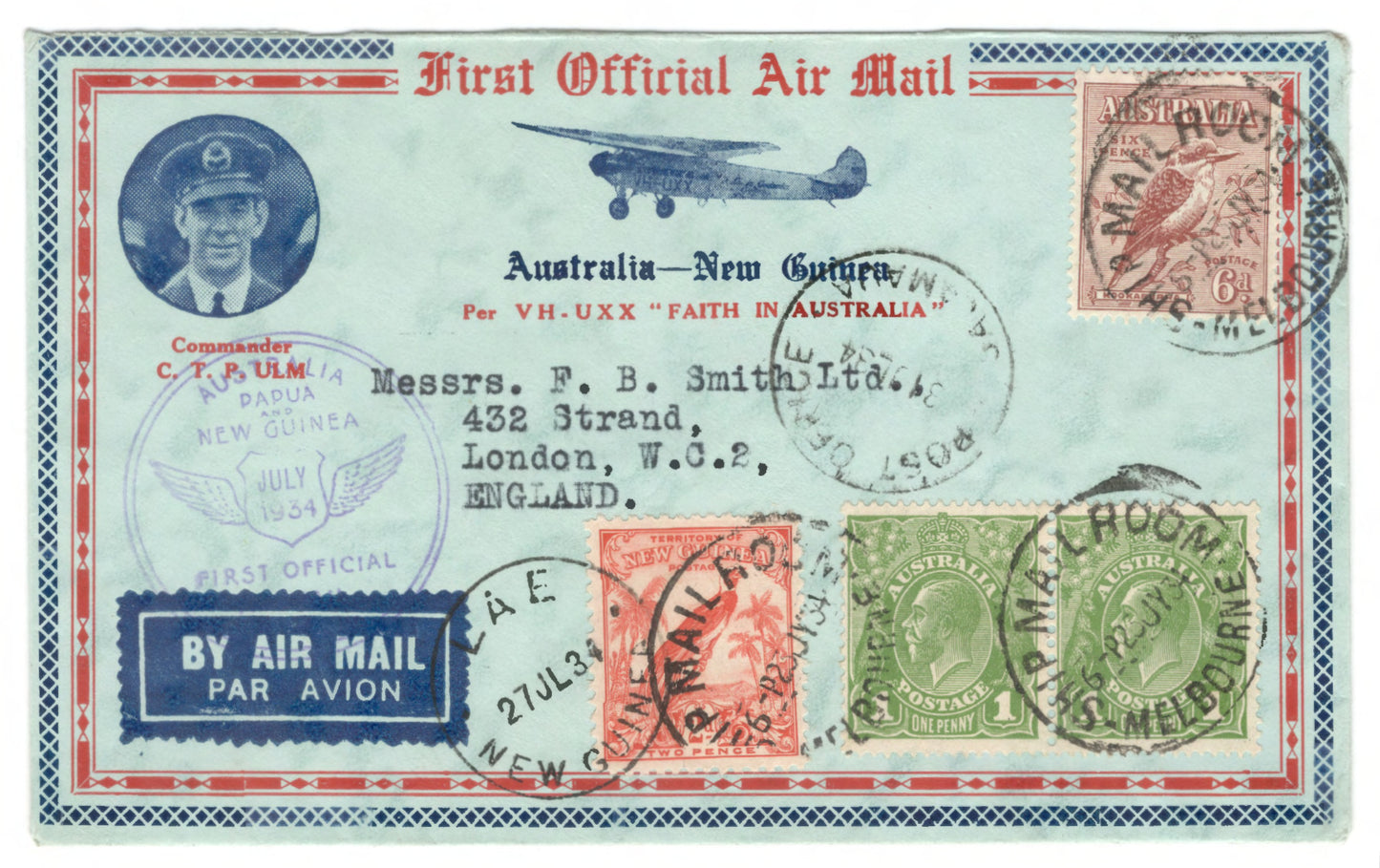 New Guinea 1934 Airmail Cover - Faith In Australia - First Official Flight Airmail