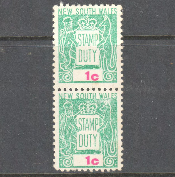 New South Wales 1c Green Stamp Duty Stamps Vertical Pair - MUH