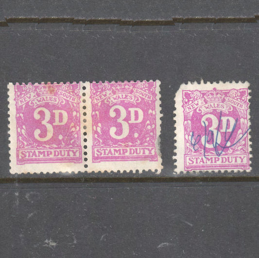 New South Wales 3d Purple Stamp Duty Stamps x 2 - Cancelled
