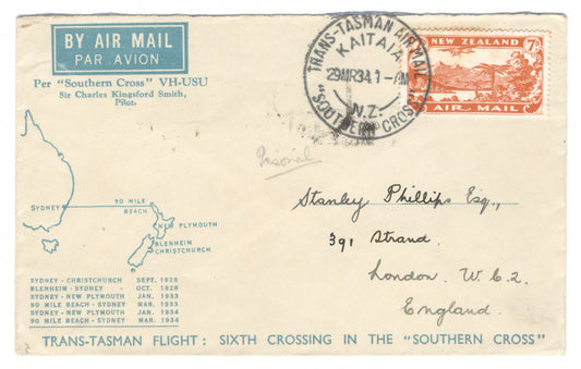 New Zealand 1934 Airmail Cover - Southern Cross - Sixth Crossing Trans-Tasman Airmail
