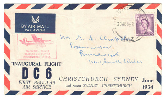 New Zealand 1954 Inaugural Flight DC6 Air Service Hand Stamped