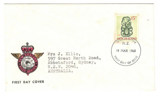 New Zealand 19th March 1968 15 Cent TIKI First Day Cover Postmarked Wellington