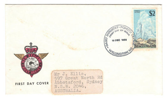 New Zealand 10th December 1968 $2 2 Dollar Pohutu Geyser First Day Cover Postmarked Wellington