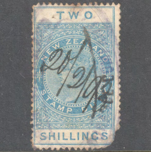 New Zealand 1882 1/- Blue Queen Victoria Inscription "STAMP DUTY" Duty Stamp - perf: 12