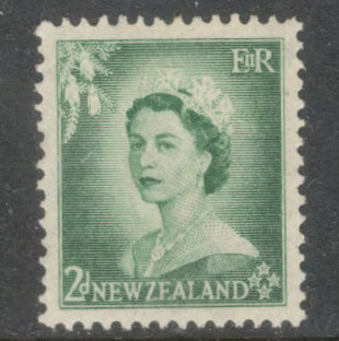 New Zealand 1954 2d 2 Penny Bluish Green Queen Elizabeth II Stamp - Perfin: 14.0x13.5