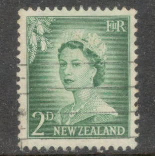 New Zealand 1955 2d 2 Penny Bluish Green Queen Elizabeth II Stamp With Enlarged Numerals- Perfin: 13.5