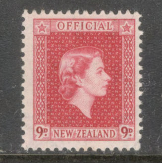New Zealand 1954-1963 9d Carmine Queen Elizabeth II Inscription "OFFICIAL"Stamp - Perfin: 14.0x13.5