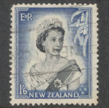 New Zealand 1954 1/6d 1 Shilling & 6d Blue / Black Queen Elizabeth II Stamp - Perfin: 14.0