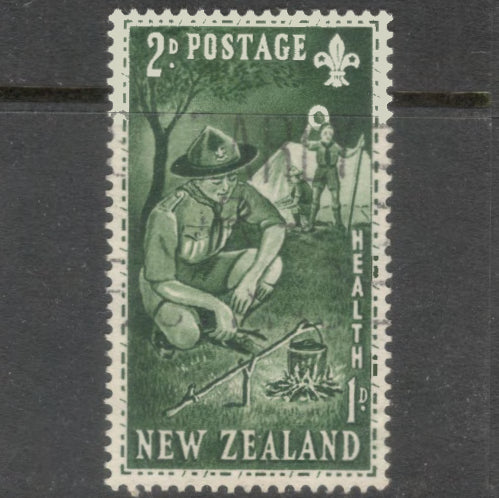 New Zealand 1953 2d + 1d Yellowish Green Boy Scouts Health Stamp - Perfin: 14.0x14.5