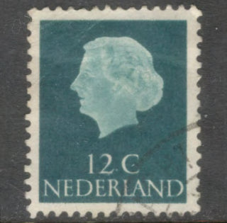 Dutch Netherlands 1954 12 Cent Blueish Green Queen Juliana Stamp - Perfin: 13.5x12.5