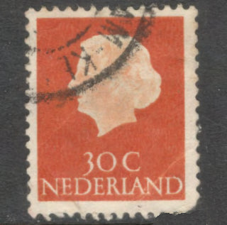 Dutch Netherlands 1953 30 Cent Orange Red Queen Juliana Stamp - Perfin: 13.5x12.5