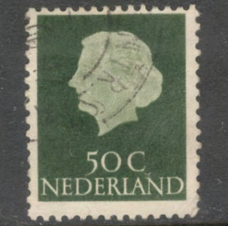 Dutch Netherlands 1953 50 Cent Dark Green Queen Juliana Stamp - Perfin: 13.5x12.5