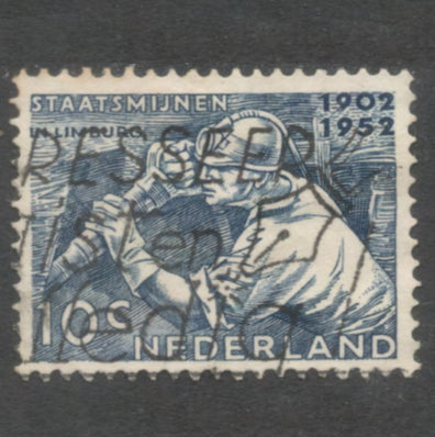Dutch Netherlands 1952 10 Cent Dark Blue Limburg Mining Stamp - Perfin: 12.0x12.5