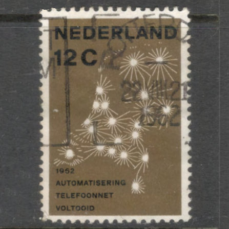 Dutch Netherlands 1962 12 Cent Olive Brown Completion of the Telephone Automation Stamp - Perfin: 12.75x14.0