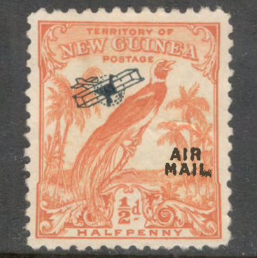 New Guinea 1932 - 1934 1/2 Penny Orange Bird of Paradise Airmail Overprinted AIRMAIL and Plane Stamp - Perfin: 11.0