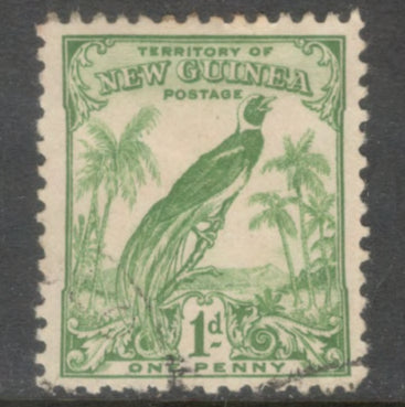 New Guinea 1932 - 1934 1d Green Bird of Paradise Without Date Scrolls Stamp - Perfin: 11.0