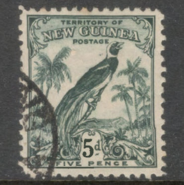 New Guinea 1932 - 1934 5d Blueish Green Bird of Paradise Without Date Scrolls Stamp - Perfin: 11.0