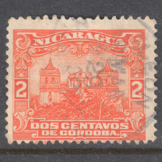 Nicaragua 1914 2 Cordoba Orange Red Government Building in Managua and León Cathedral Stamp - Perf: 12