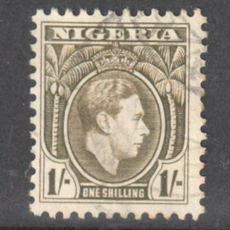 Nigeria 1938 -1951 1/- 1 Shilling Olive Green King George VI Stamp - Perf: 12