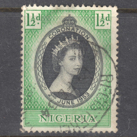 Nigeria 1953 1 1/2 Pence Emerald/Black Coronation of Queen Elizabeth II Stamp - Perf: 13.5x13