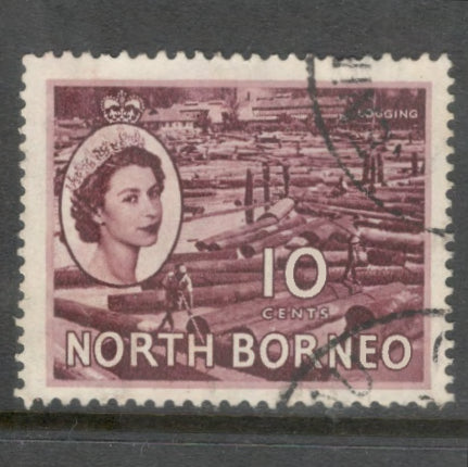 North Borneo 1954 - 1957 10 Cent Brownish Purple Queen Elizabeth II & Local Motifs Stamp - Perfin: 13.0x13.5