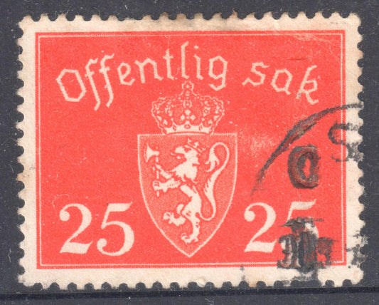 Norway 1939 - 1945 25 Ore Reddish Brown National Coat of Arms Stamp - Perf:13x13.5