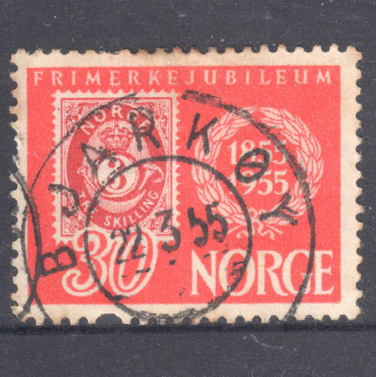 Norway 1955 30 Ore Red/Carmine 100th Anniversary of the Stamp - Perf:13